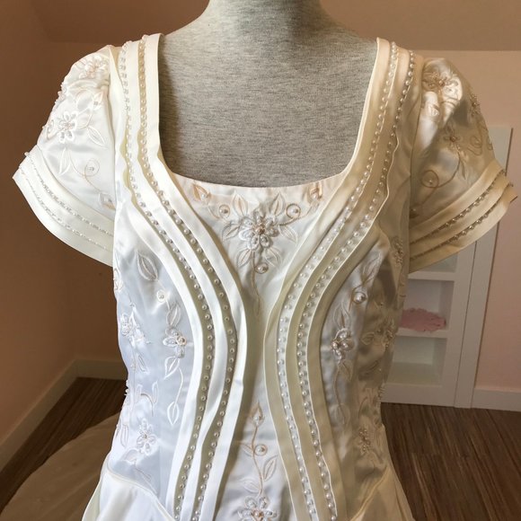 Bridal Originals Embroidered Satin Short Sleeve Wedding Gown with Train - Picture 3 of 14